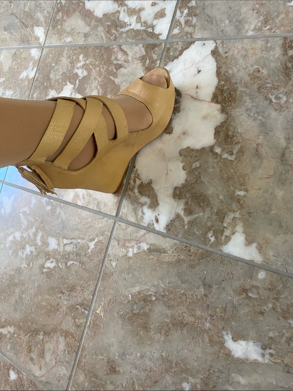 Dolce Vita Mustard Tan Strappy Peep-Toe Wedge Heels - Picture 2 of 7